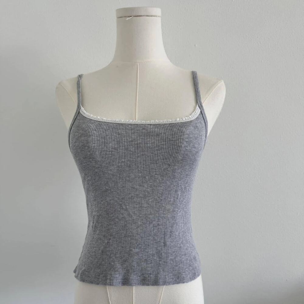 Brandy Melville Grey Ribbed Tank Top with White Lace Trim - One Size